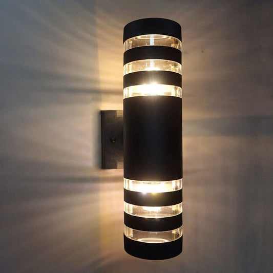 Aplique cilíndrico negro con rayas, doble luz.